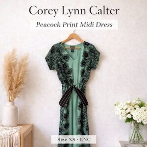 Corey Lynn Calter Peacock Print Waist Tie Midi Dress Green Size XS